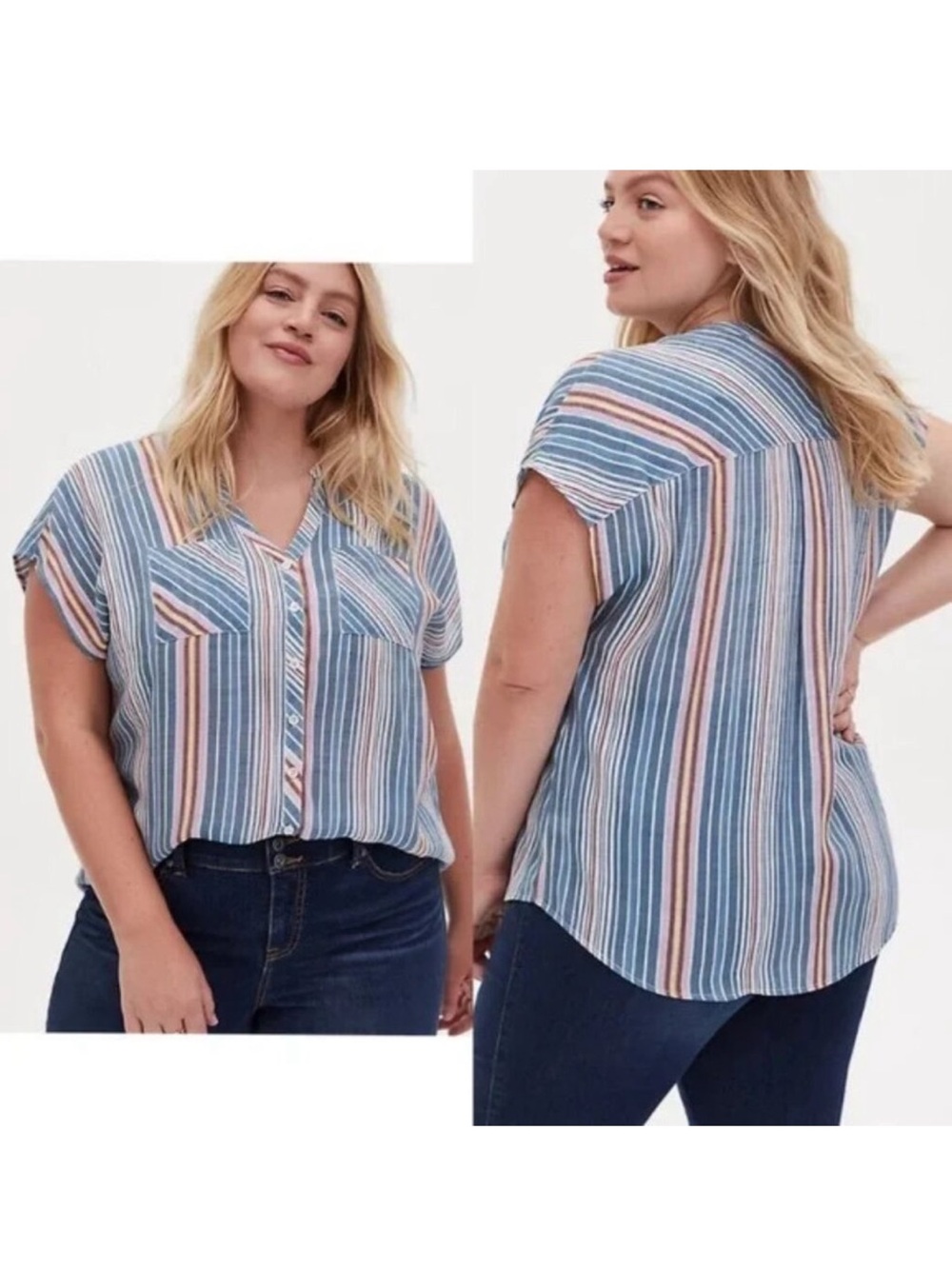 Torrid Lindsay Button Front Lindsay Dolman Sleeve Striped Top Blue Ivory Lilac 3
